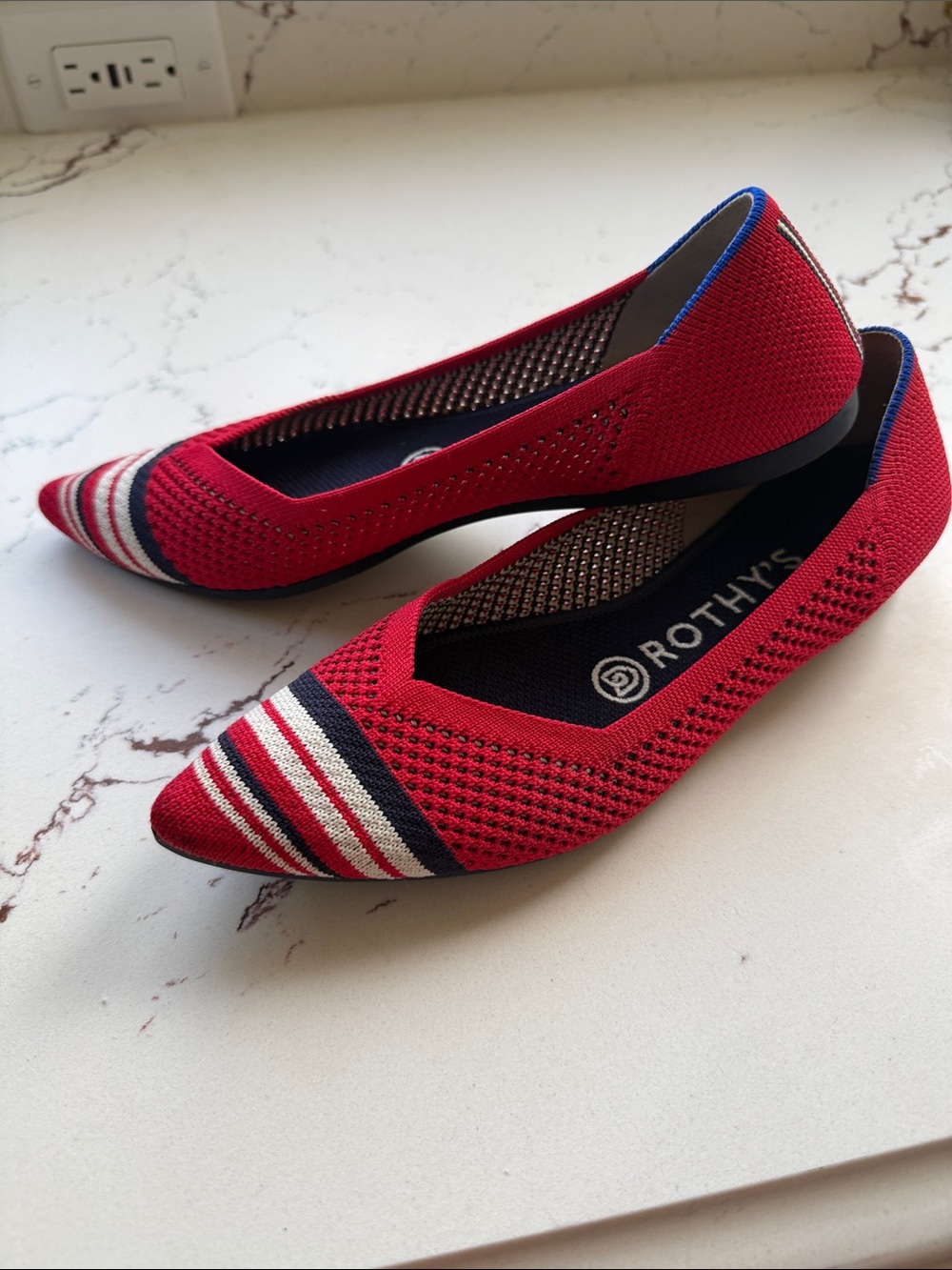 Rothy's Red Pointed Knit Flats with Navy & White Stripes - Picture 4 of 5